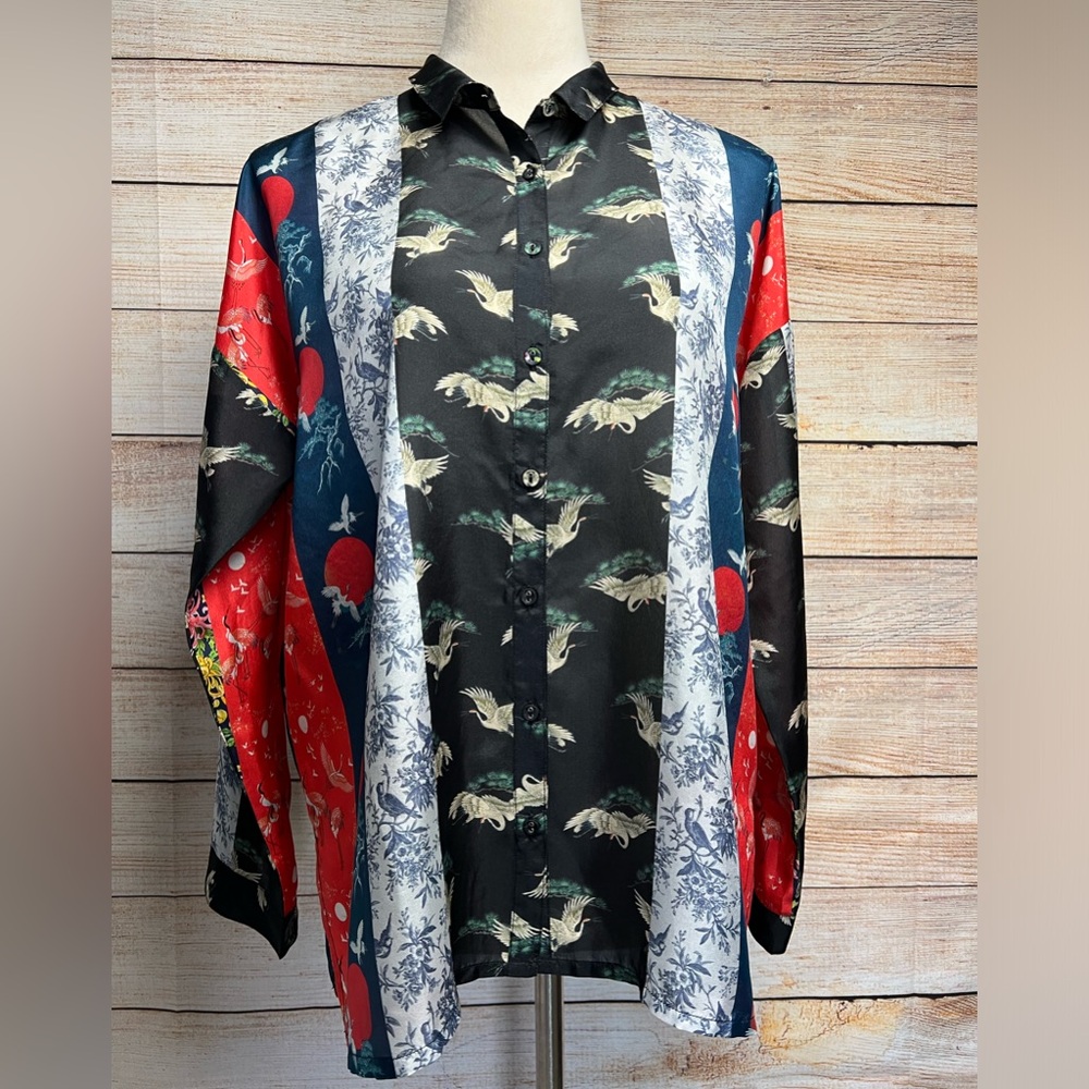 Johnny Was Splendid Seline Silk Tunic Top Sz XS S Asian Cranes Floral Colorful